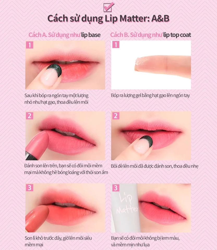 Hướng dẫn sử dụng gel dưỡng môi và khóa màu son Romand Lip Matter