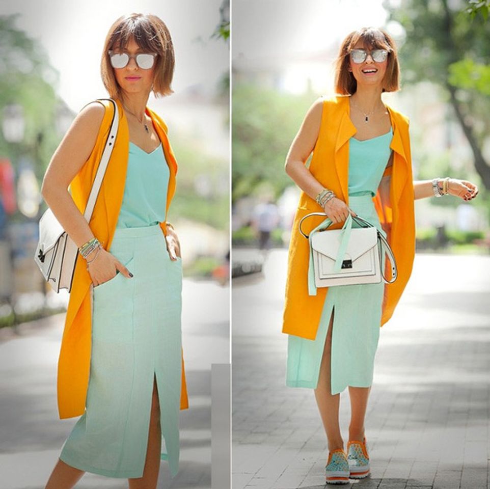 Mix t&uacute;i x&aacute;ch m&agrave;u trắng c&ugrave;ng trang phục sặc sỡ