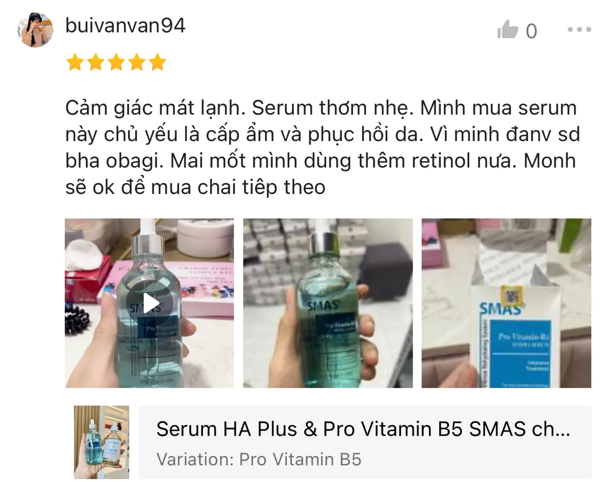 Review từ người dùng khi sử dụng serum SMAS Pro vitamin B5