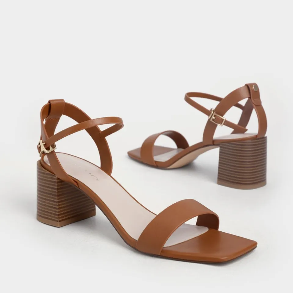 Dép sandals Charles & Keith Ankle Strap Stacked Heel CK1-60190301 Caramel