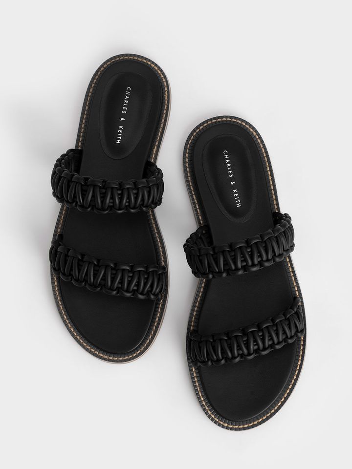Dép sandals nữ Charles & Keith Braided Strap Slide Black CK1-70380949 màu đen