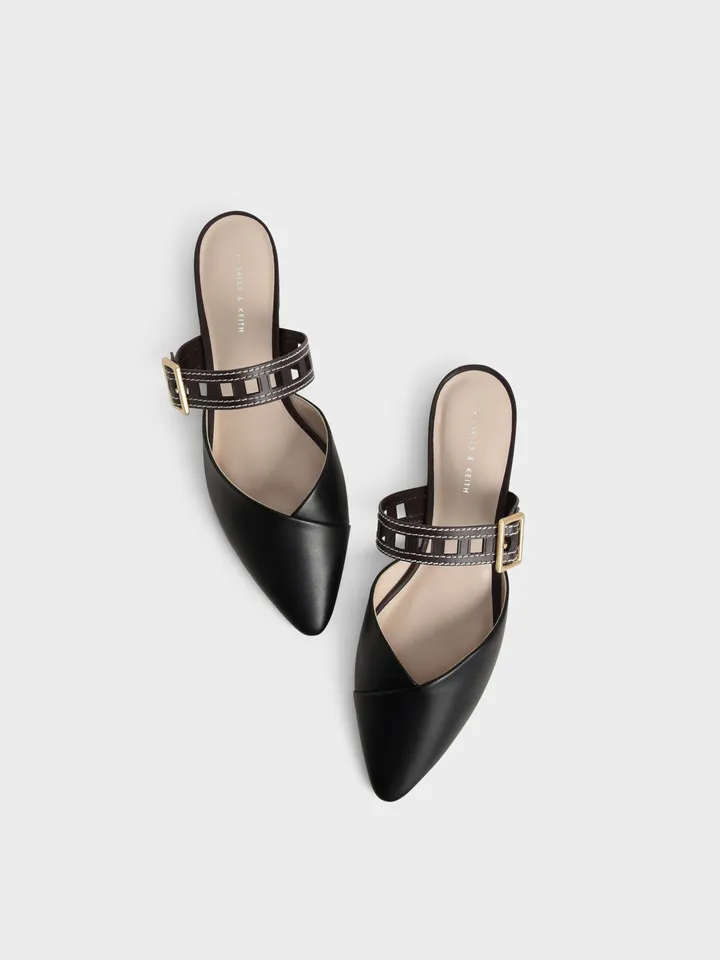 Charles & Keith CK1-70920094 Black, Cut-Out Strap Flat Mule Pumps Black, Charles & Keith Flat Mule Pumps CK1-70920094