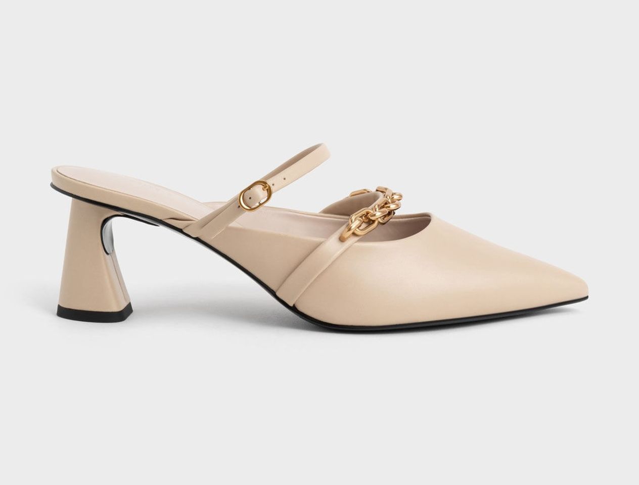 Charles & Keith CK1-61720114 Beige, Chain-Link Trapeze Heel Mules Beige, Charles & Keith Chain-Link Trapeze Beige