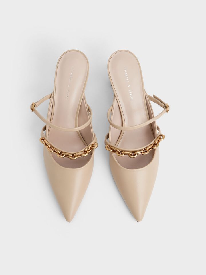Charles & Keith CK1-61720114 Beige, Chain-Link Trapeze Heel Mules Beige, Charles & Keith Chain-Link Trapeze Beige