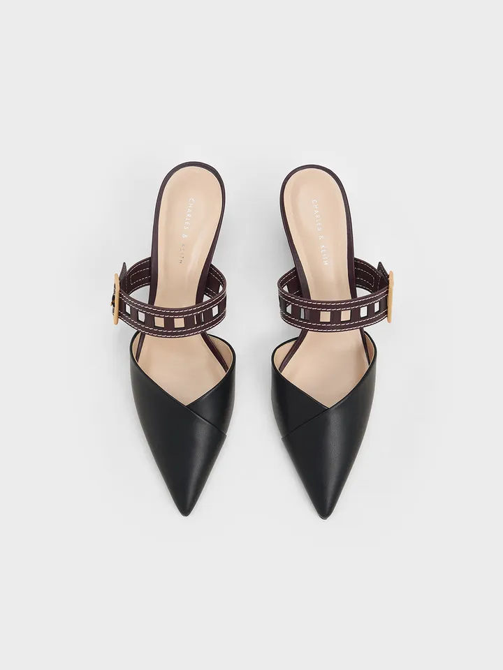 Charles & Keith CK1-60580238 Black, Cut-Out Strap Heeled Mule Pumps Black, Charles & Keith Mule Pumps Black