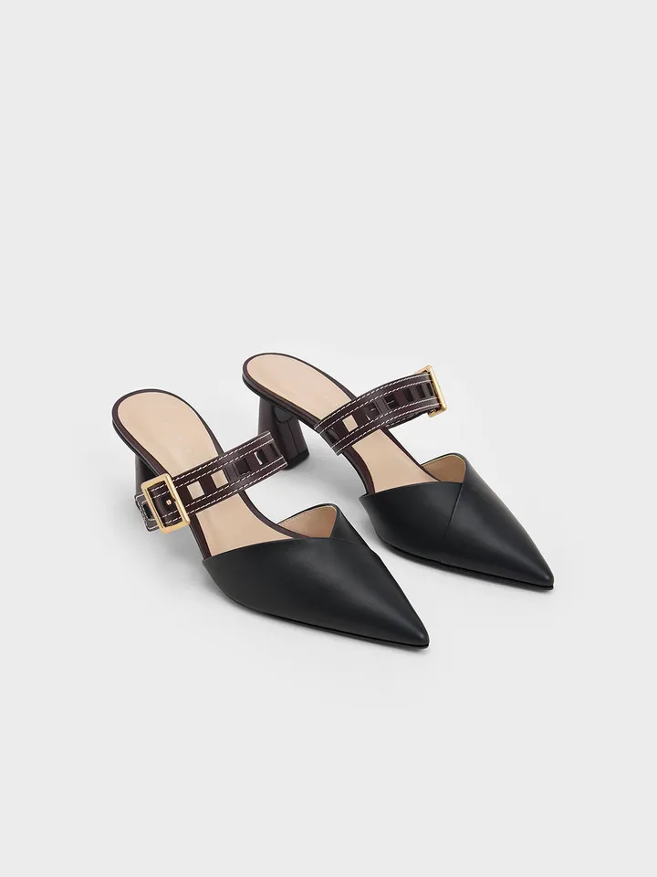 Charles & Keith CK1-60580238 Black, Cut-Out Strap Heeled Mule Pumps Black, Charles & Keith Mule Pumps Black
