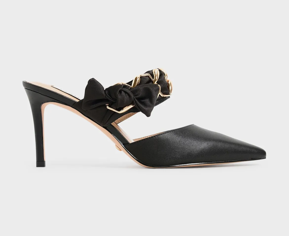Charles & Keith SL1-60280382 Black, Satin Bow Leather Mules Black, Charles & Keith Satin Bow Black