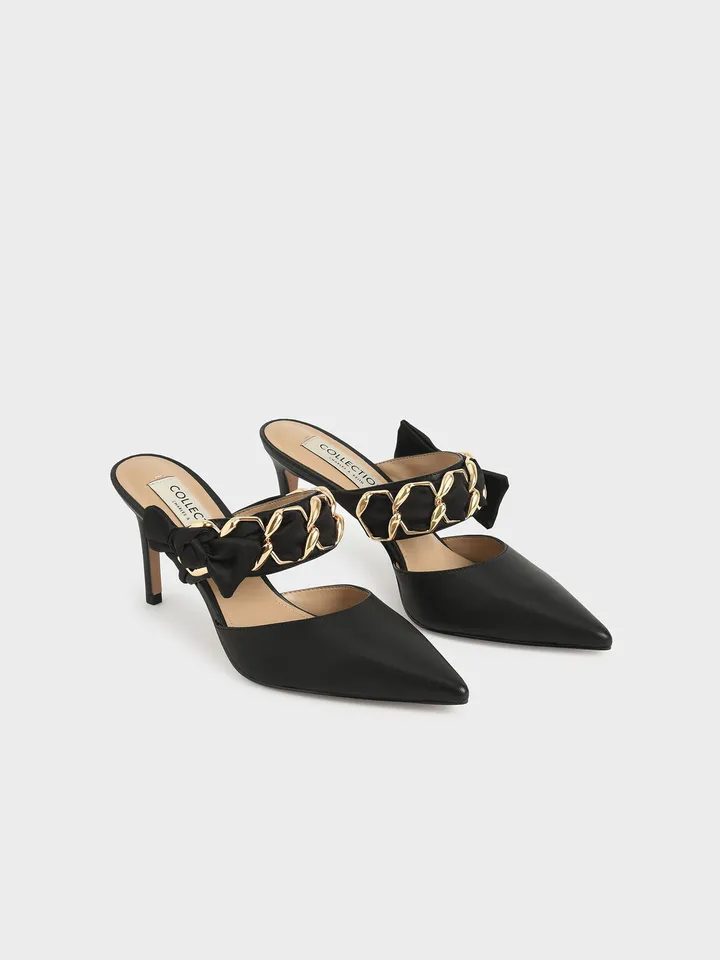 Charles & Keith SL1-60280382 Black, Satin Bow Leather Mules Black, Charles & Keith Satin Bow Black