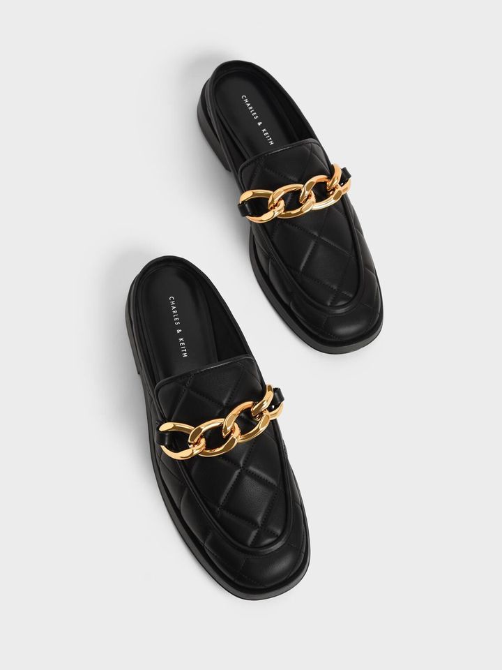 Charles & Keith CK1-70380952 Black, Quilted Chain Loafer Mules Black, Charles & Keith Quilted Chain Loafer Black