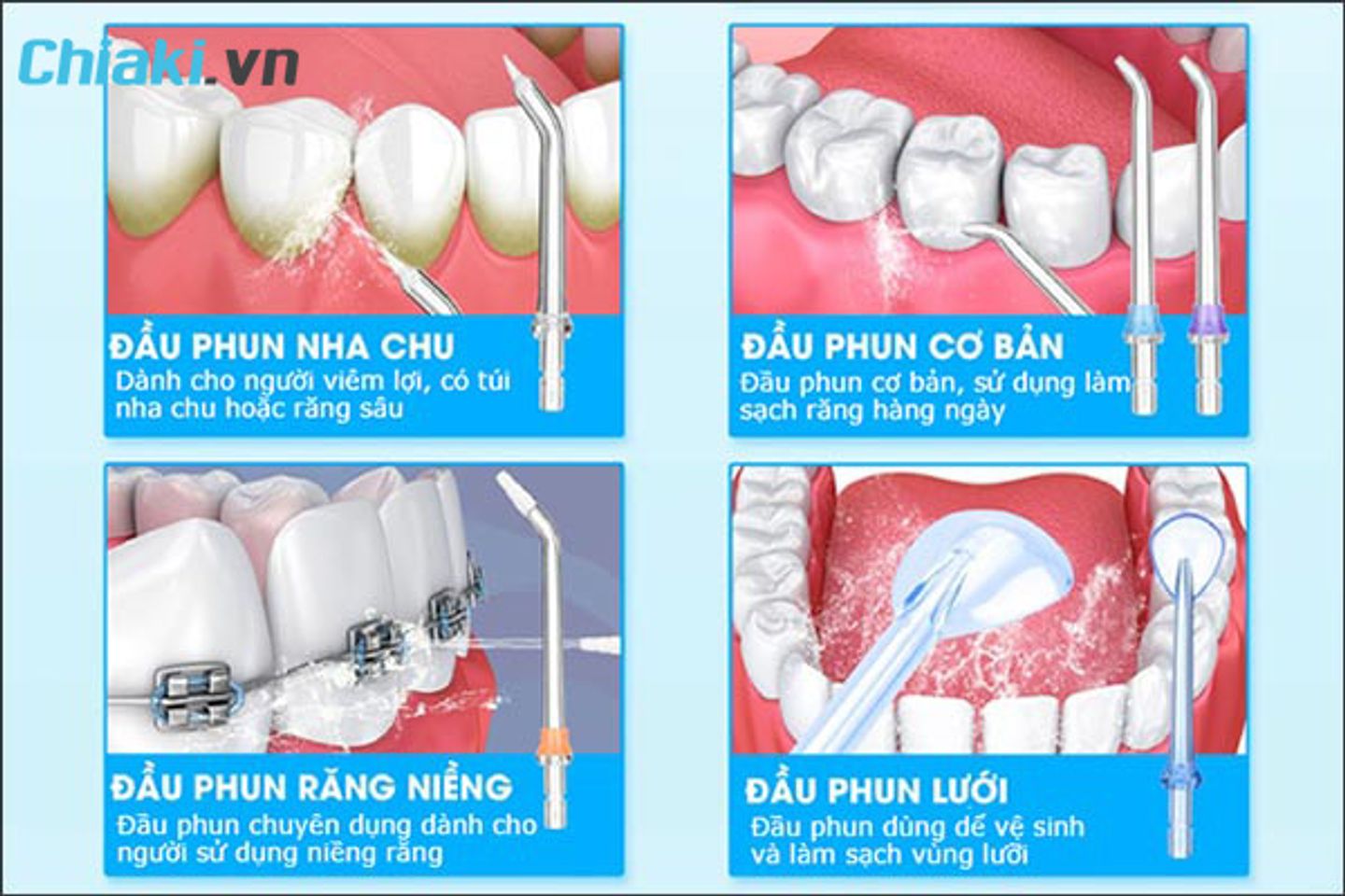Mỗi d&ograve;ng m&aacute;y đều được trang bị nhiều đầu tăm kh&aacute;c nhau