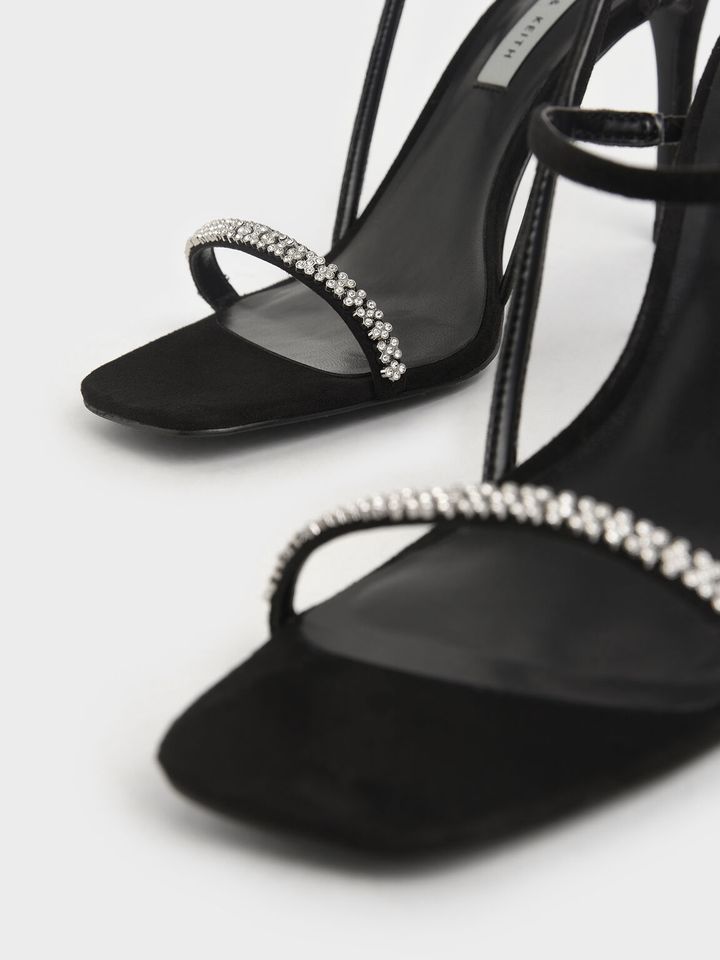 Sandals cao gót Charles & Keith Textured Gem-Embellished Strappy CK1-60361322 Black