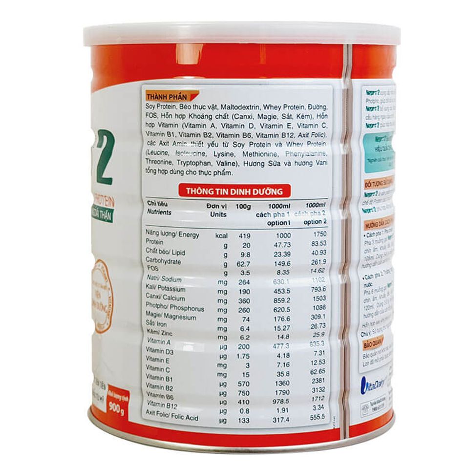 Bảng thành phần dinh dưỡng của sữa Nepro 2 Vitadairy