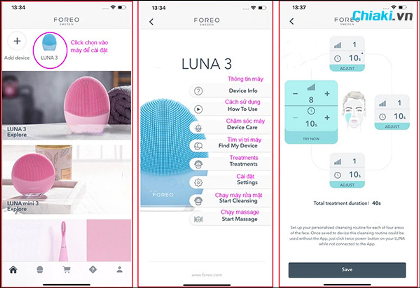 thiết lập chế độ sử dụng của m&aacute;y rửa mặt Foreo Luna 3