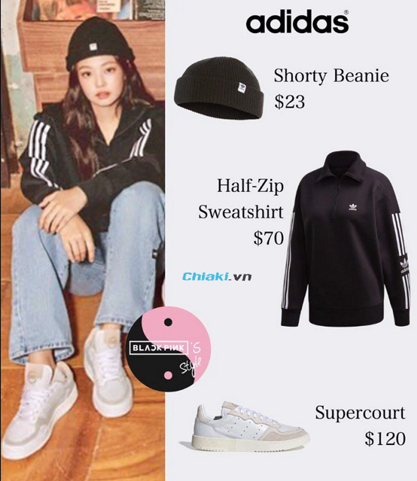 Jennie phối đồ c&ugrave;ng đ&ocirc;i gi&agrave;y Adidas Supercourt