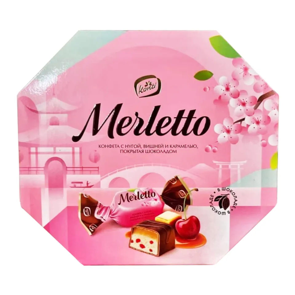 Kẹo socola vị anh đào Merletto của Nga hộp hồng