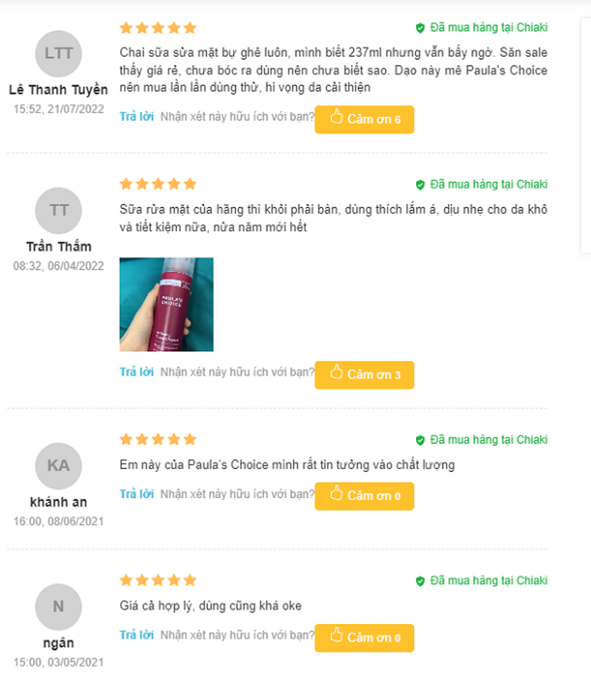 Đ&aacute;nh gi&aacute; sữa rửa mặt Paula&rsquo;s Choice từ người d&ugrave;ng
