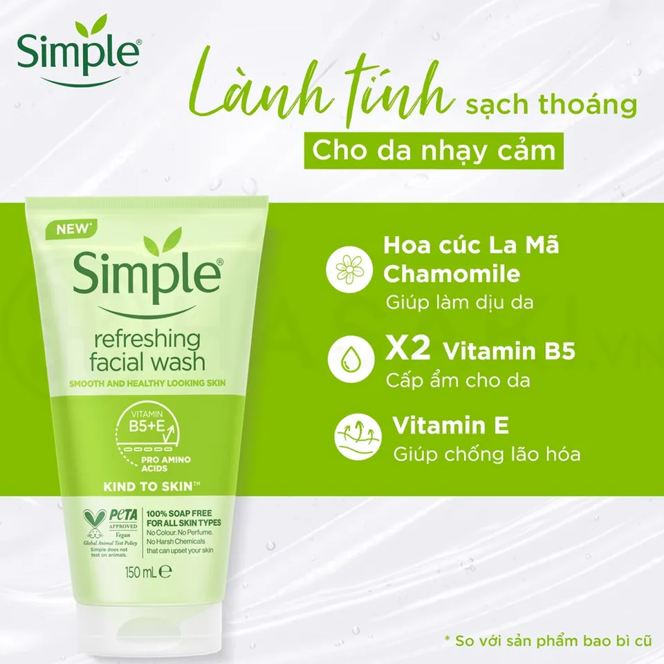 Thành phần sữa rửa mặt Simple Refreshing Facial Wash lành tính phù hợp với cả làn da nhạy cảm