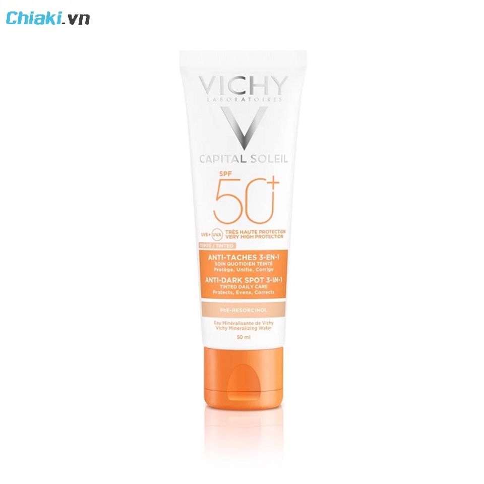 Kem chống nắng Vichy vạch v&agrave;ng Capital Soleil UVB+UVA Anti Dark Spot 3 in 1