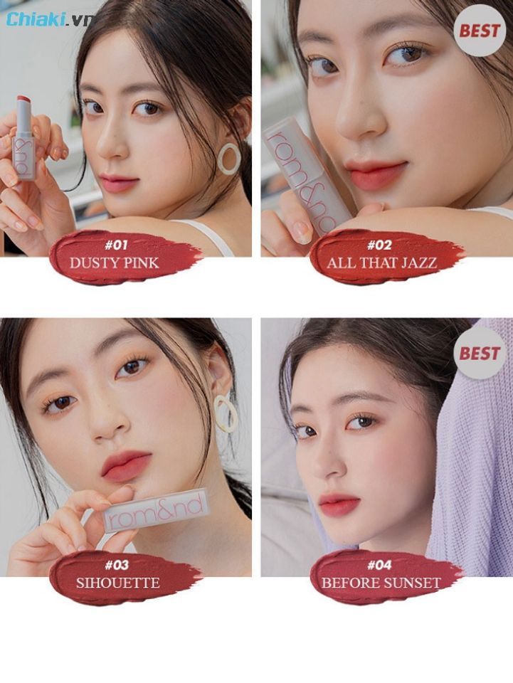 bảng m&agrave;u son Romand Zero Matte Lipstick tr&ecirc;n m&ocirc;i