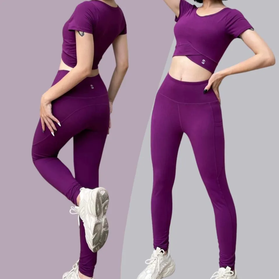 Bộ đồ tập gym nữ S40041-3 áo croptop vạt chéo phối quần legging cạp cao (màu tím bằng lăng)