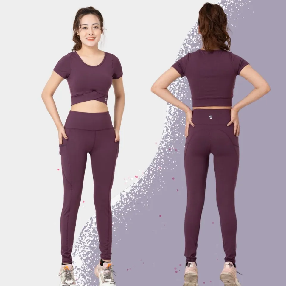Bộ đồ tập gym nữ S40041-3 áo croptop vạt chéo phối quần legging cạp cao (màu tím hồng)