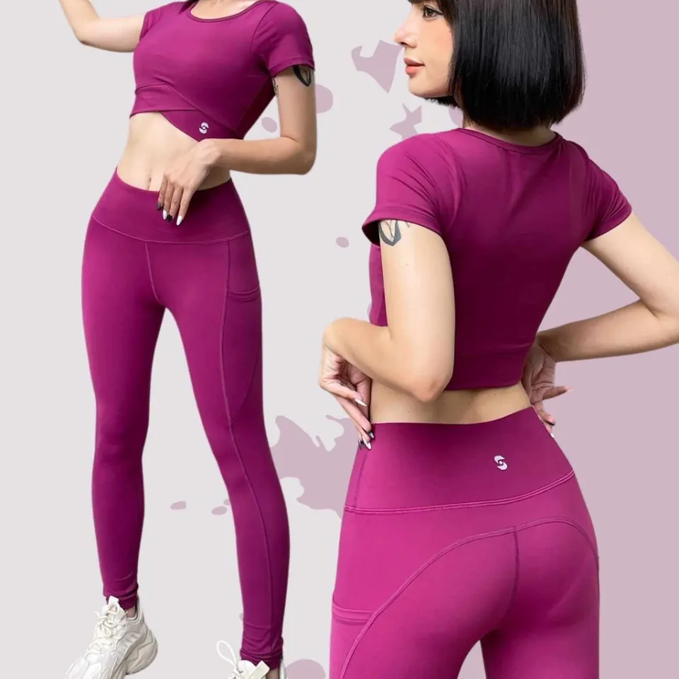 Bộ đồ tập gym nữ S40041-3 áo croptop vạt chéo phối quần legging cạp cao (màu tím mận)
