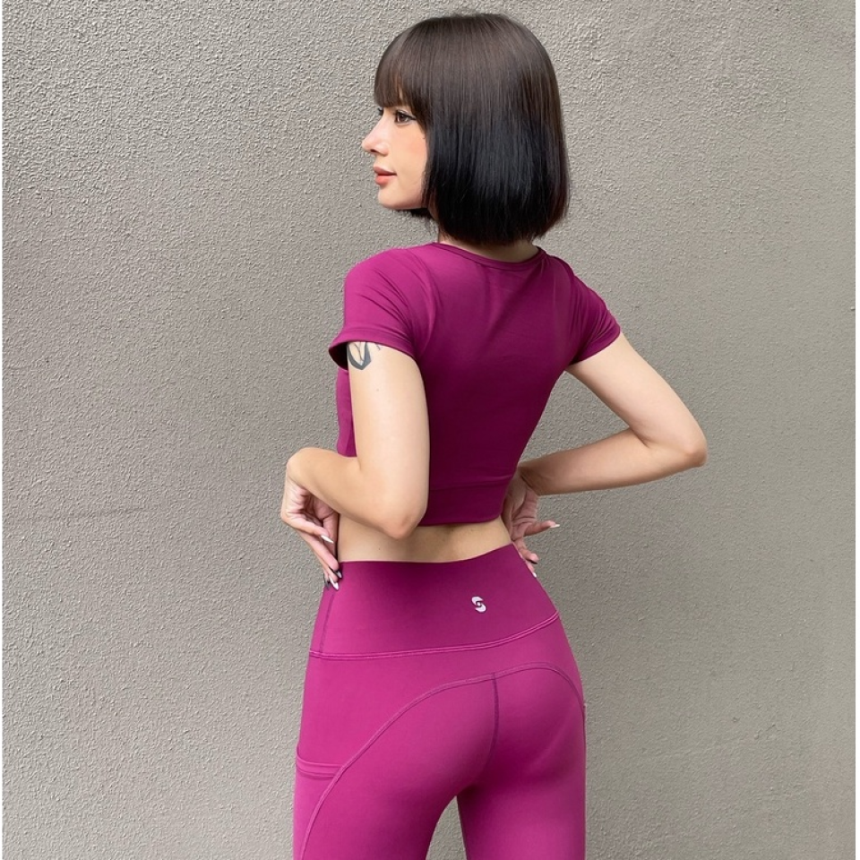 Bộ đồ tập gym nữ S40041-3 áo croptop vạt chéo phối quần legging cạp cao