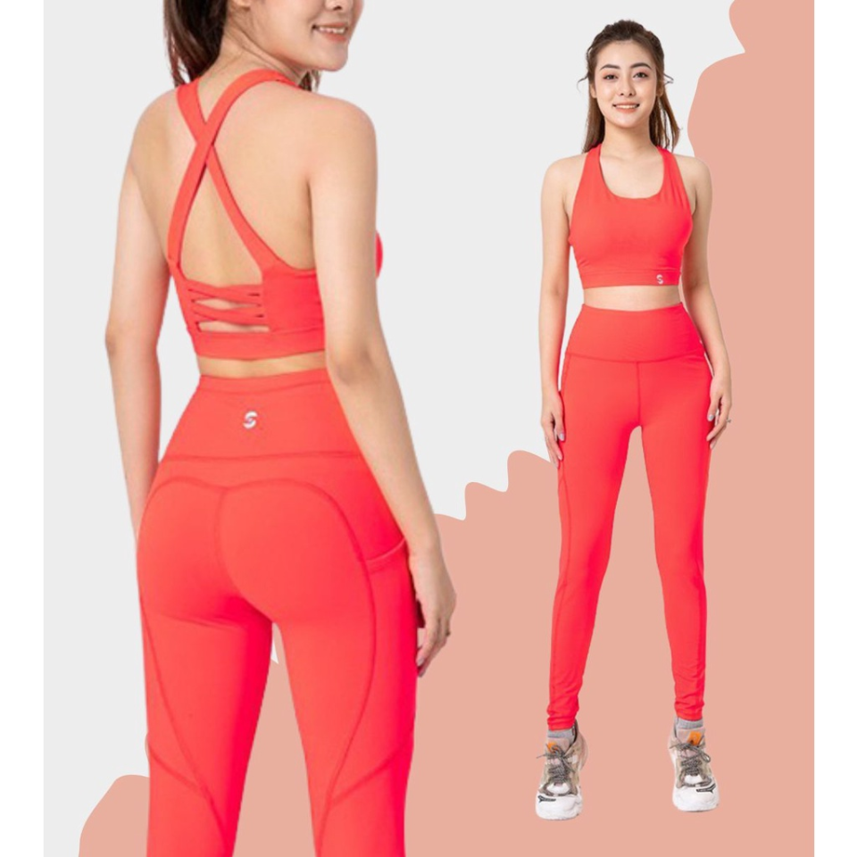 Bộ đồ tập gym yoga nữ S40043 áo bra 2 lớp phối quần legging cạp cao (màu cam)