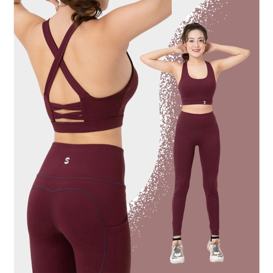 Bộ đồ tập gym yoga nữ S40043 áo bra 2 lớp phối quần legging cạp cao (màu đỏ đô)