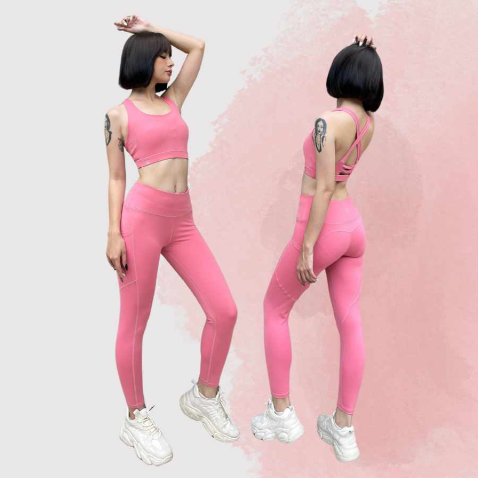 Bộ đồ tập gym yoga nữ S40043 áo bra 2 lớp phối quần legging cạp cao (màu hồng đậm)