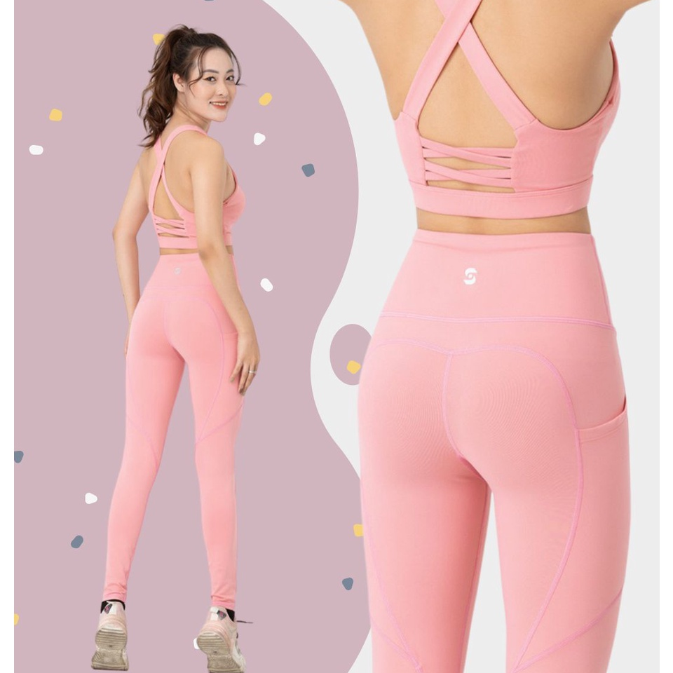 Bộ đồ tập gym yoga nữ S40043 áo bra 2 lớp phối quần legging cạp cao (màu hồng nhạt)