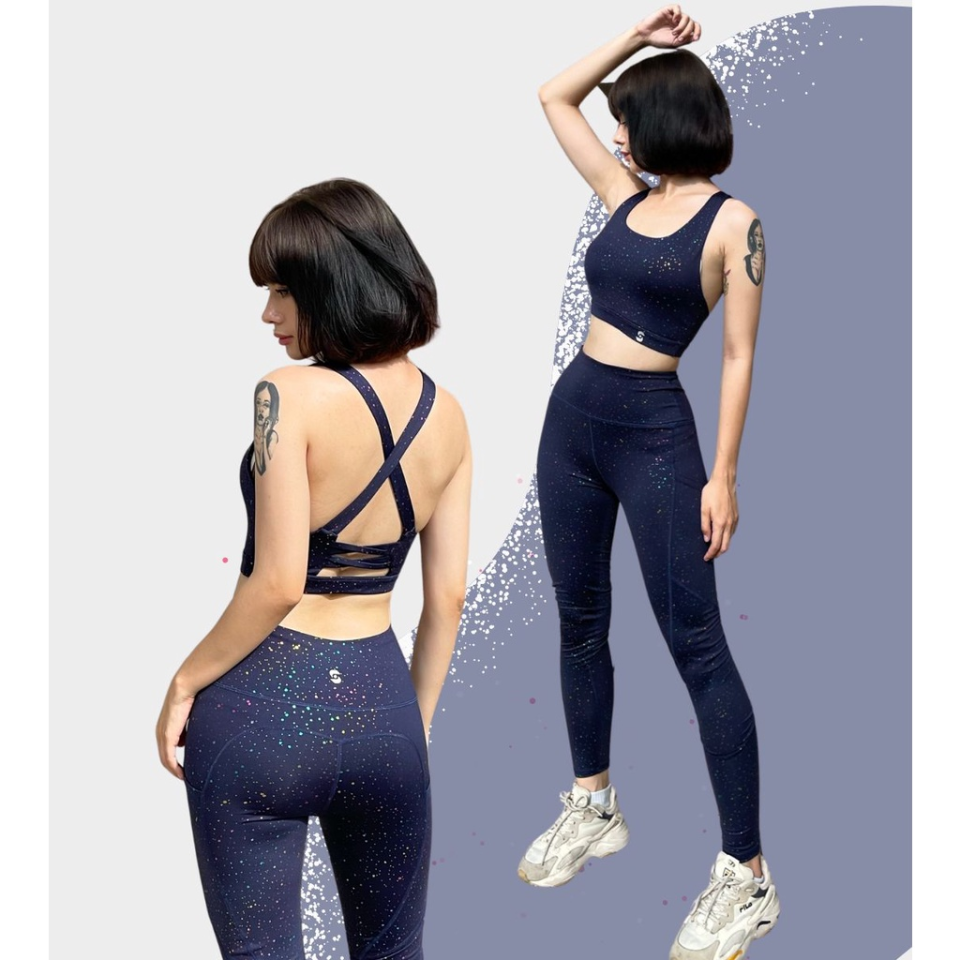 Bộ đồ tập gym yoga nữ S40043 áo bra 2 lớp phối quần legging cạp cao (màu xanh ánh kim)