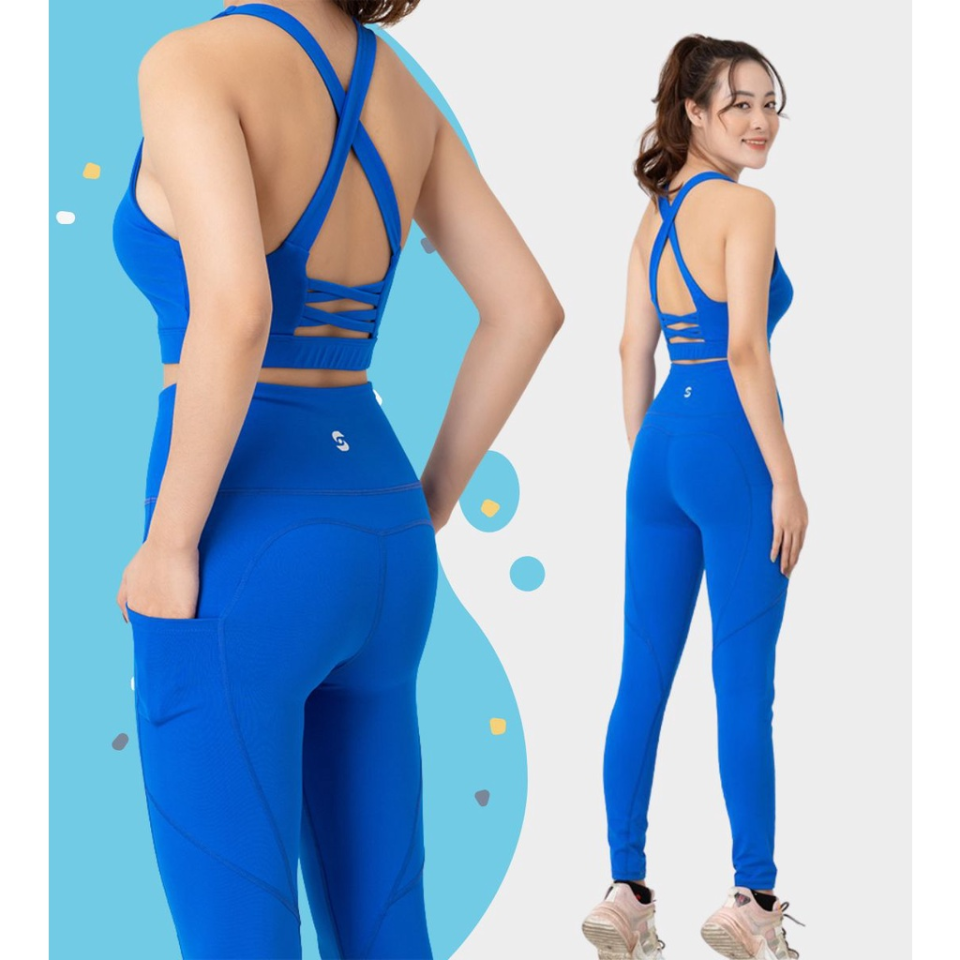 Bộ đồ tập gym yoga nữ S40043 áo bra 2 lớp phối quần legging cạp cao (màu xanh dương)