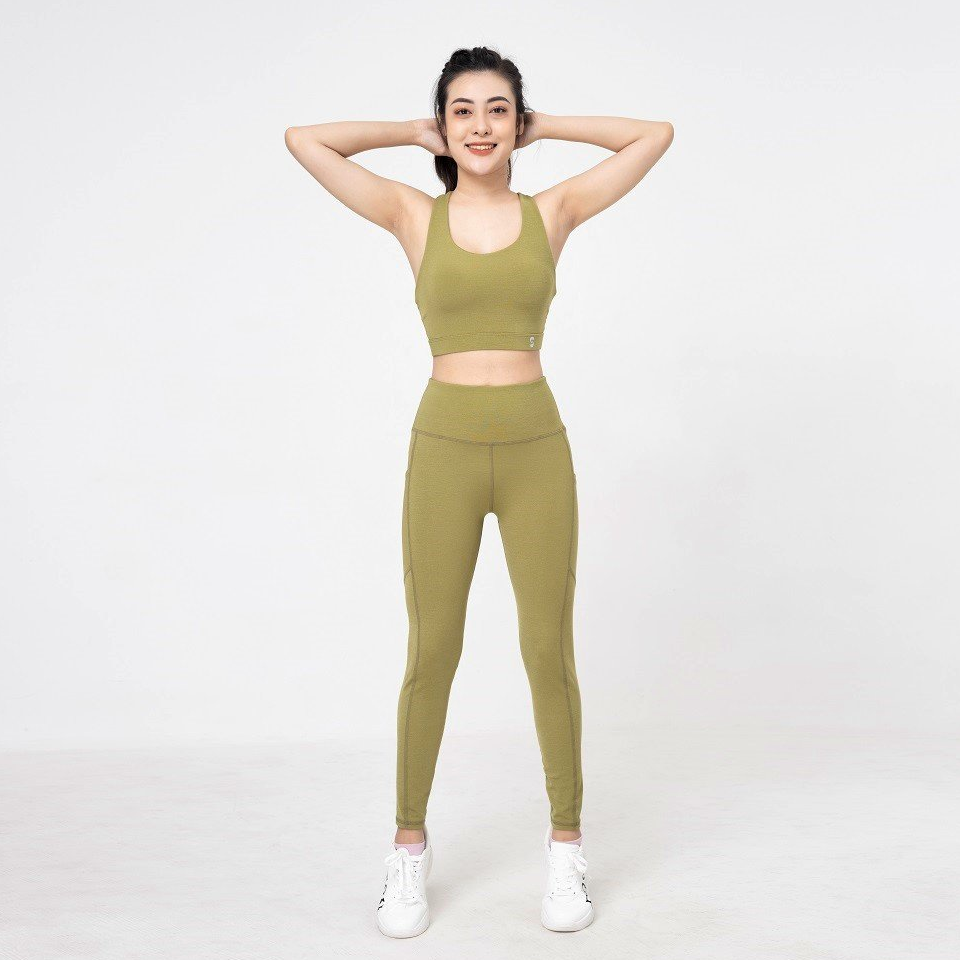 Bộ đồ tập gym yoga nữ S40043 áo bra 2 lớp phối quần legging cạp cao (màu xanh rêu)