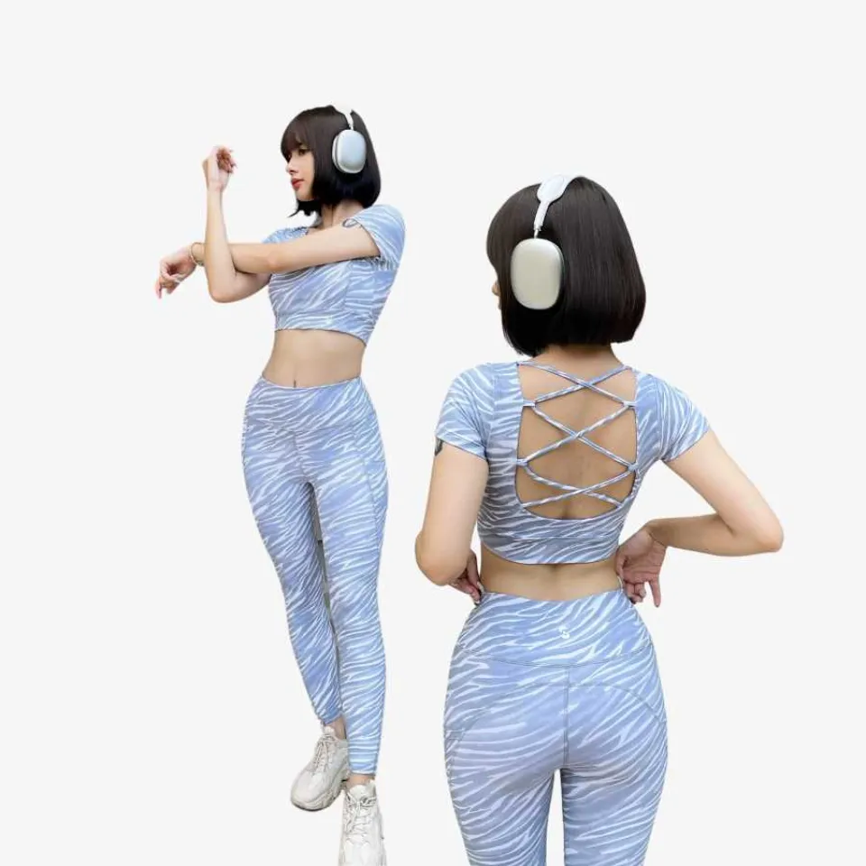 Bộ đồ tập gym yoga S210501-2 áo croptop lưng dây đan chéo phối legging cạp cao (họa tiết)