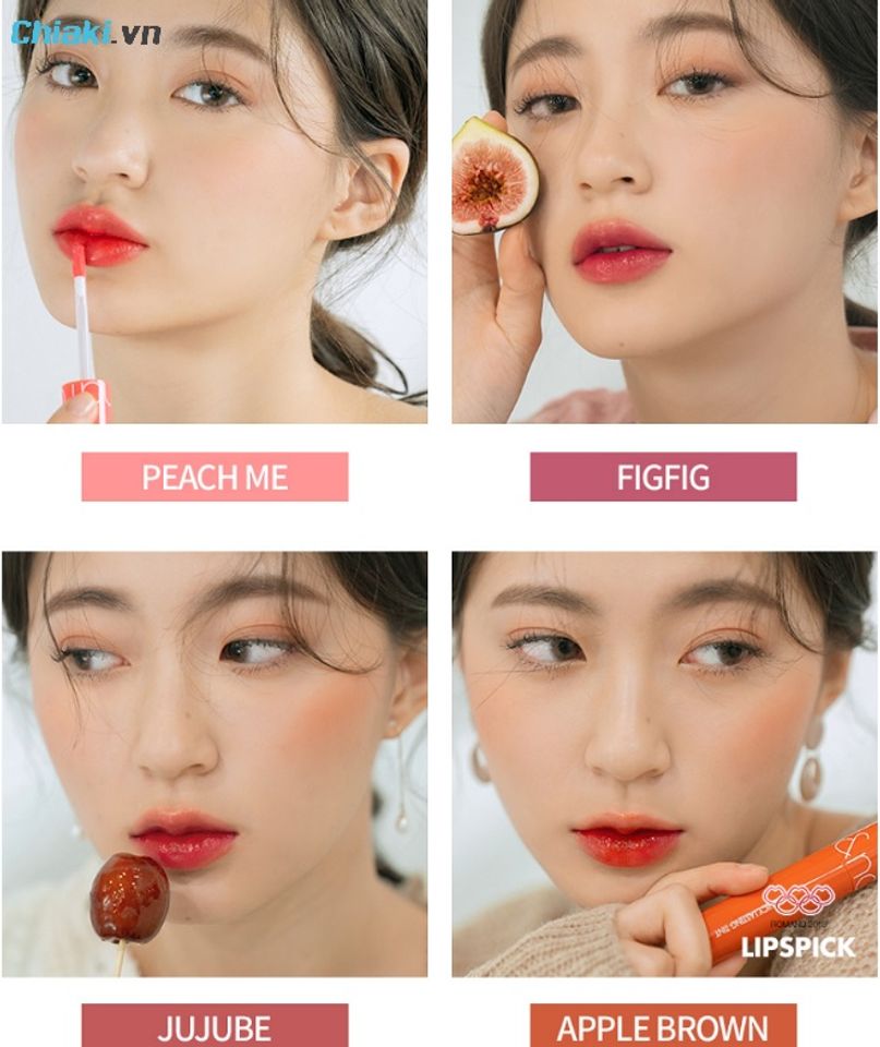 Bảng m&agrave;u son Romand Juicy Lasting Tint tr&ecirc;n m&ocirc;i