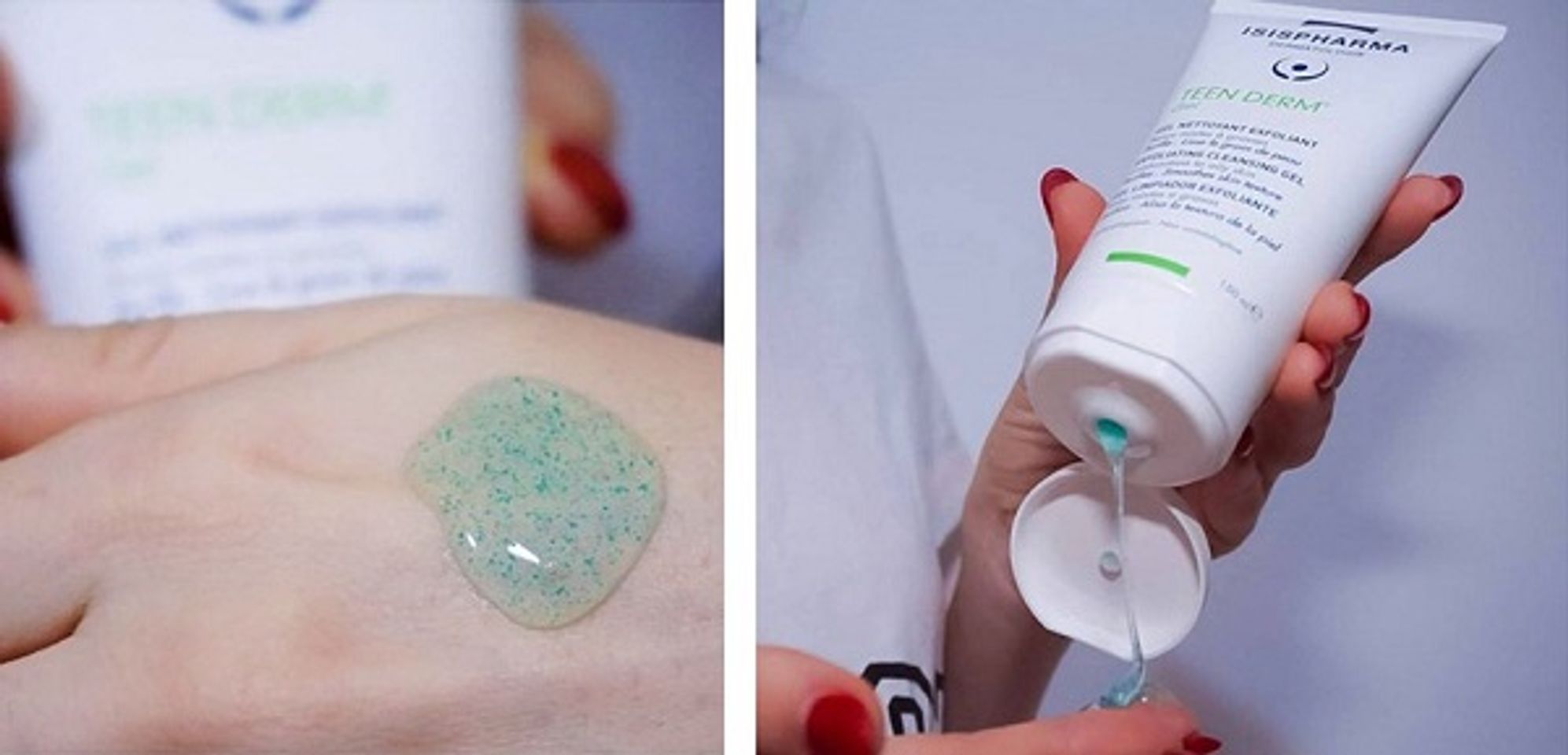 Sữa rửa mặt Isis Pharma Teen Derm Gel thiết kế dạng gel trong đặc có lẫn các hạt màu xanh dương