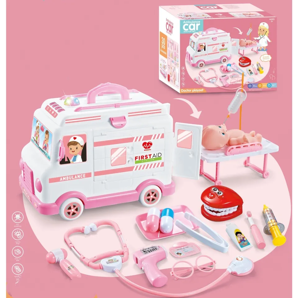 Bộ đồ chơi bác sĩ xe cứu thương 30 chi tiết cho bé (màu hồng)