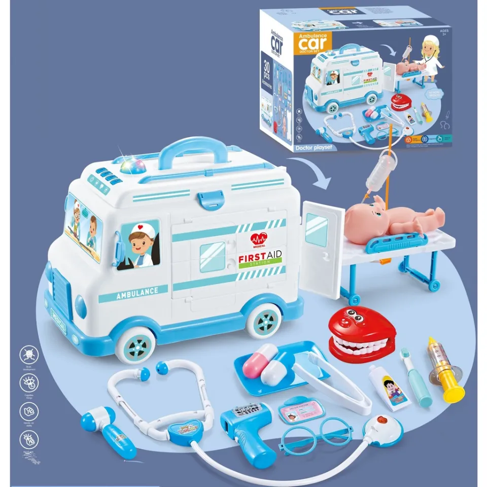 Bộ đồ chơi bác sĩ xe cứu thương 30 chi tiết cho bé (màu xanh)