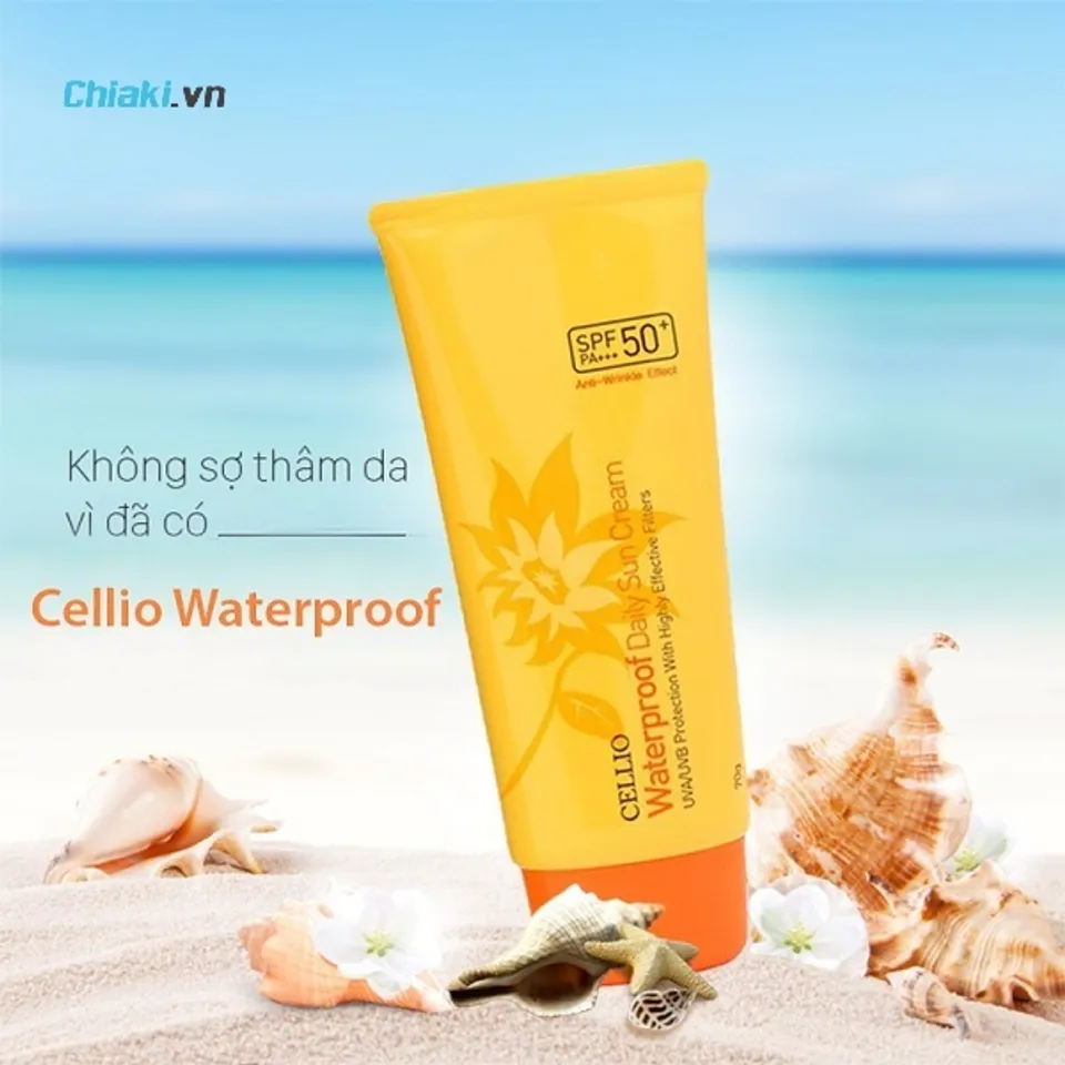 Kem kháng nắng nóng Cellio vàng Waterproof Daily Sun Cream SPF 50 PA+++