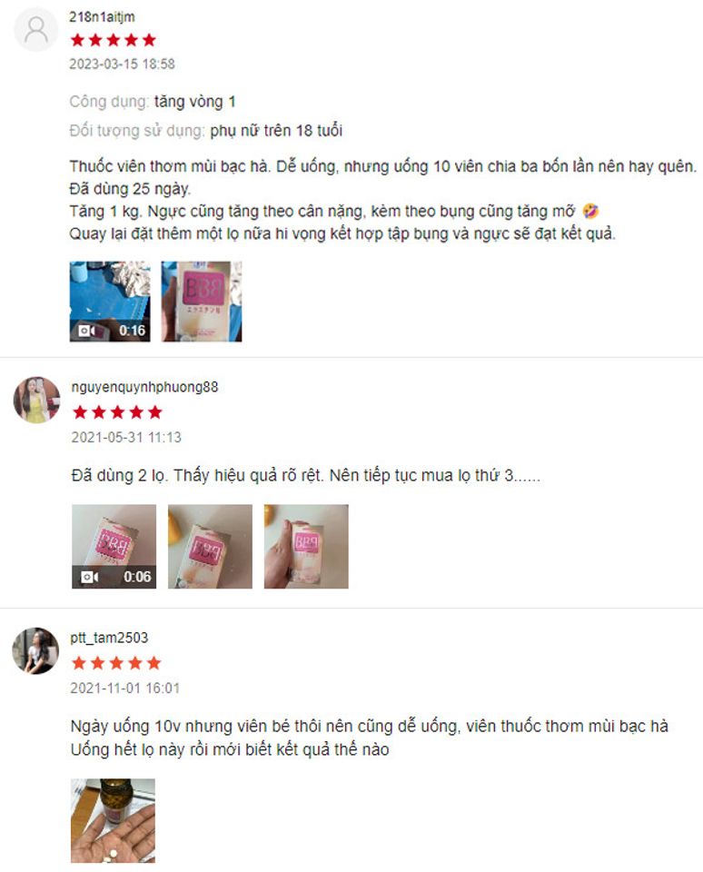 Đ&aacute;nh gi&aacute; của kh&aacute;ch h&agrave;ng về vi&ecirc;n uống nở ngực BBB Orihiro