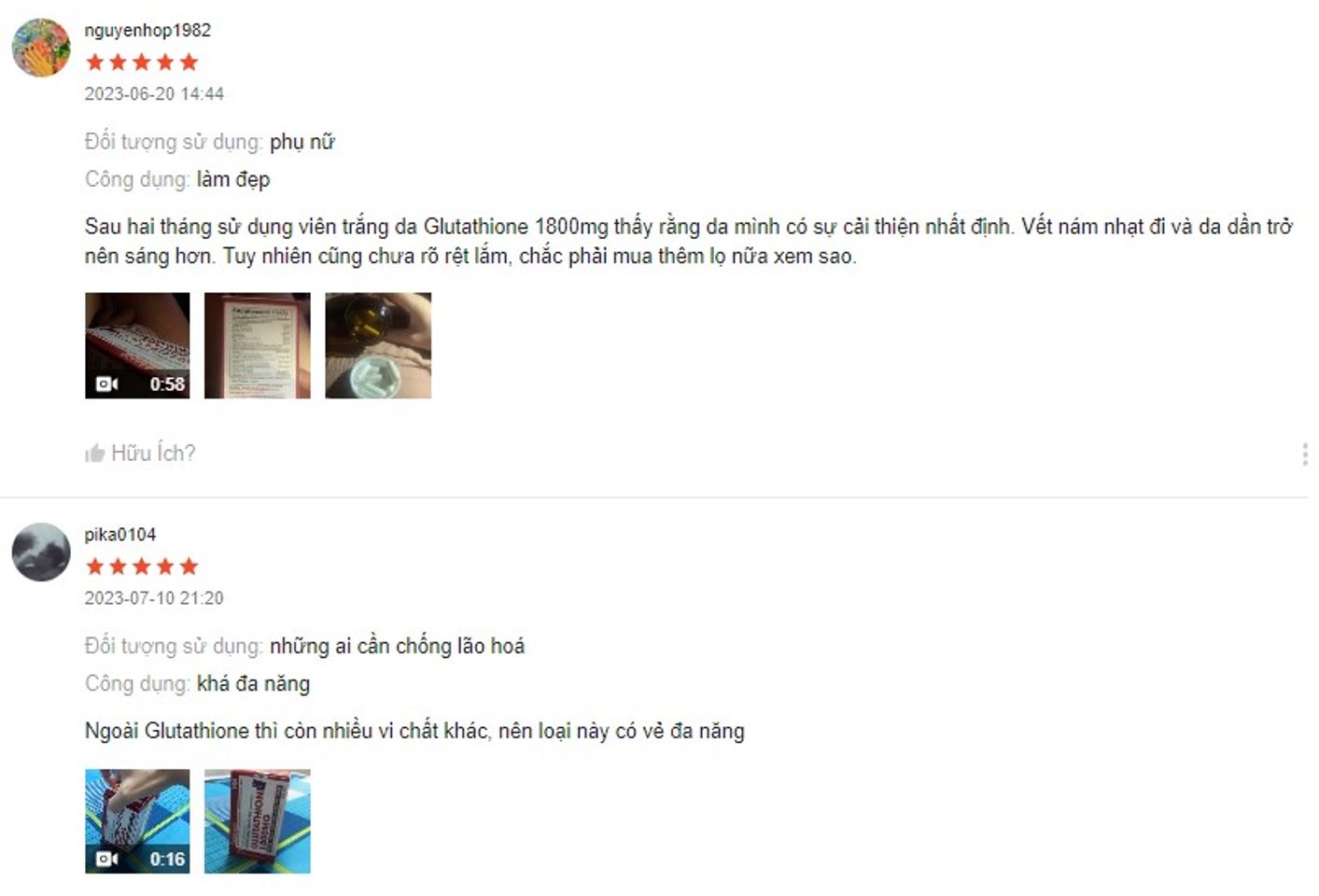 Review từ kh&aacute;ch h&agrave;ng, người d&ugrave;ng về glutathione 1800mg