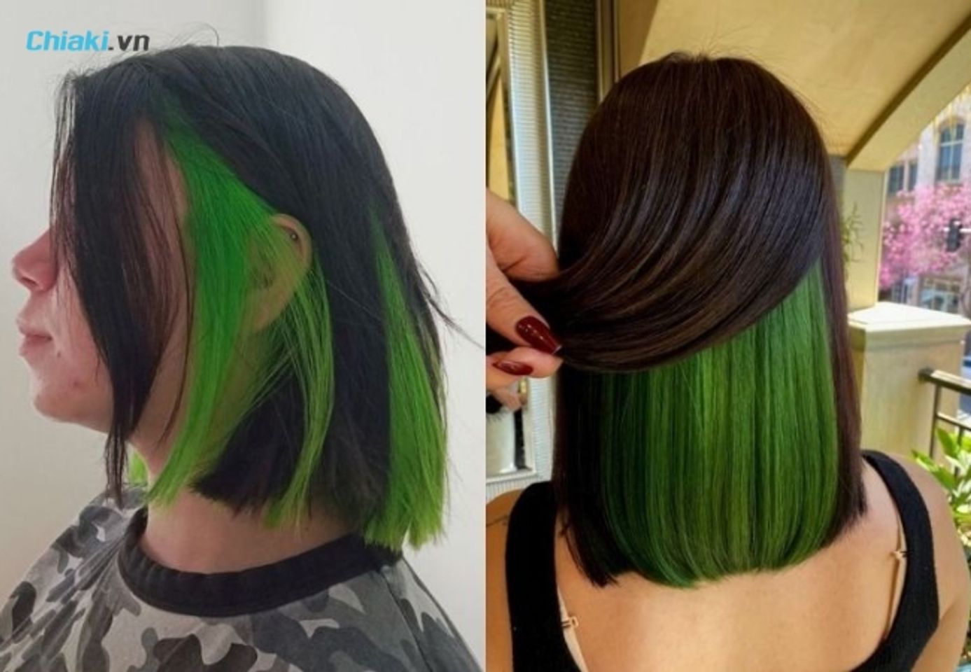 Nhuộm tóc highlight màu xanh lá cây rêu nửa đầu "cực cháy"