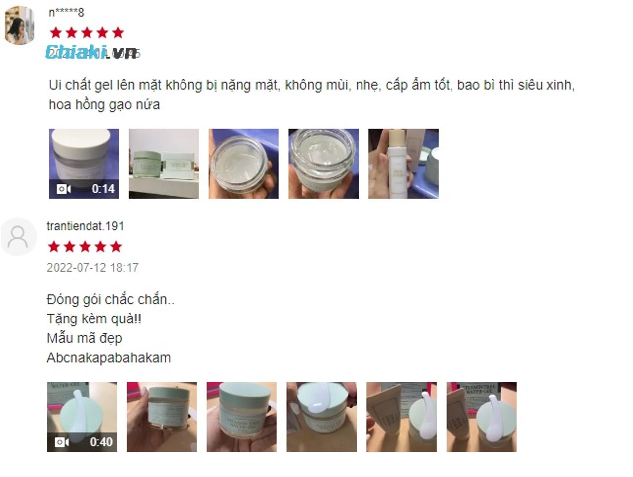 Đ&aacute;nh gi&aacute; của người d&ugrave;ng về kem Vitamin Tree Water Gel ch&iacute;nh h&atilde;ng