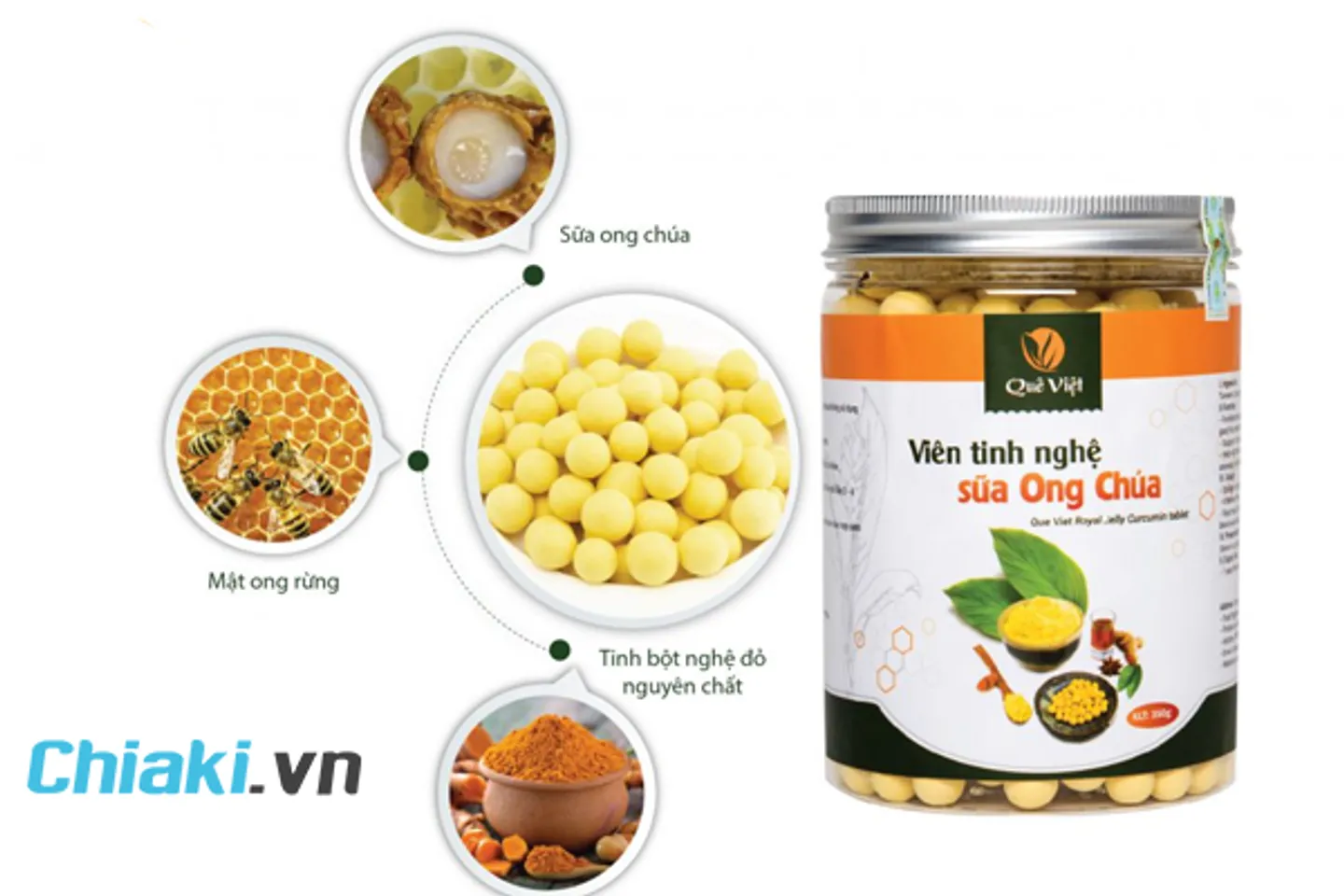 Viên tinh bột nghệ nguyên chất sữa ong chúa mật ong Quê Việt chứa chấp 100% bộ phận tự động nhiên