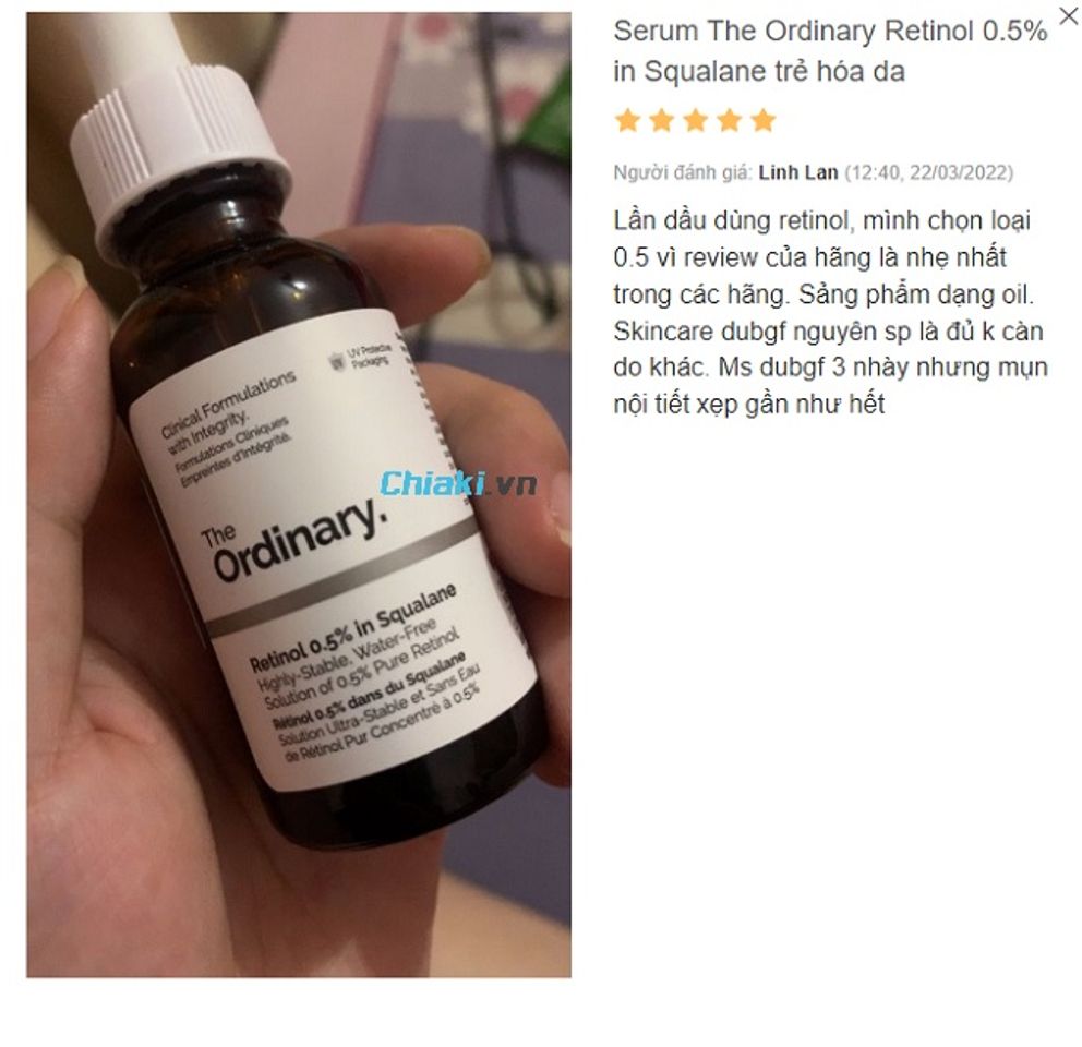 Review Serum trẻ h&oacute;a da The Ordinary Retinol 0.5% in Squalane