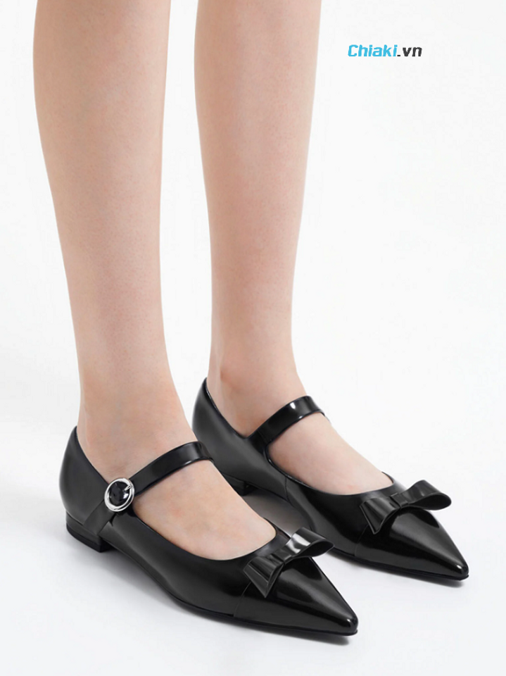 Gi&agrave;y bệt Charles & Keith Leather Bow Mary Jane Flats