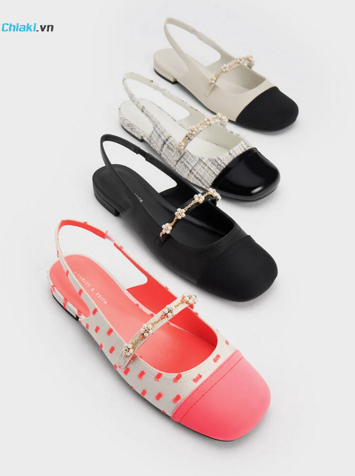 Gi&agrave;y bệt nữ Charles & Keith Beaded Flower Tweed Slingback Flats