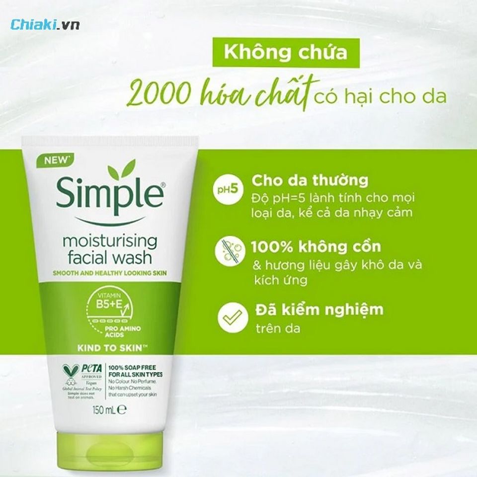 Sữa rửa mặt Simple Kind To Skin Moisturising Facial Wash tăng khả năng l&agrave;m mềm da