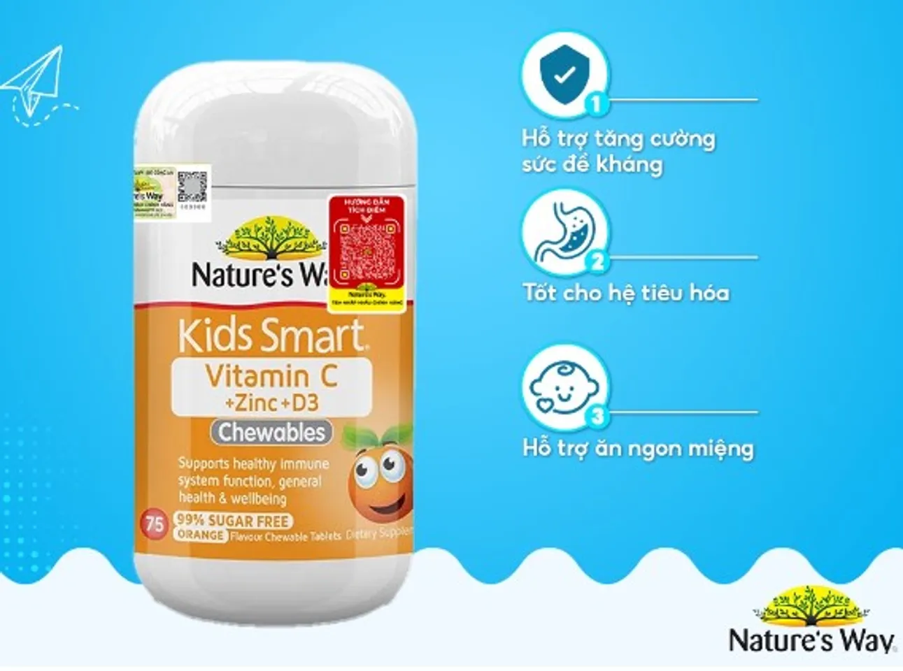 Nature’s Way Kids Smart Vitamin C + Zinc + D3 giúp tăng cường sức đề kháng và hỗ trợ trẻ ăn ngon miệng hơn